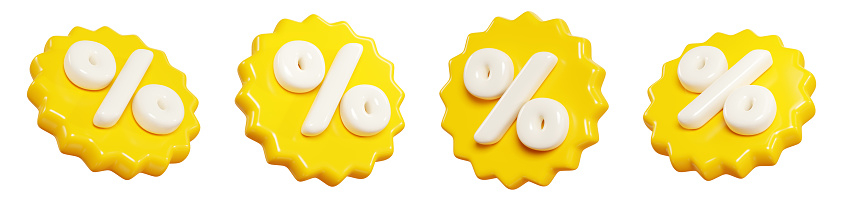 Yellow starburst sticker with percent sign floating in air. 3D render illustration set of round sunburst label with sale and discount sign for promotion. Flying in different angles badge icon.