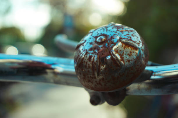 a close-up of a bell on bicycle handlebars