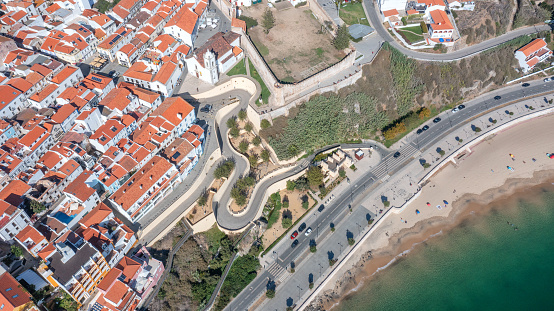 Aerial panorama of the city of Sines, Setubal Alentejo Portugal Europe. Aerial view of the old town fishing port, historic center and castle.