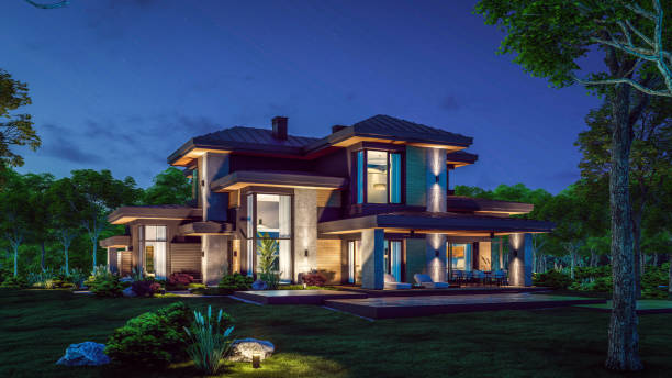 istock 3d rendering of modern house in luxurious style in night 2150714339