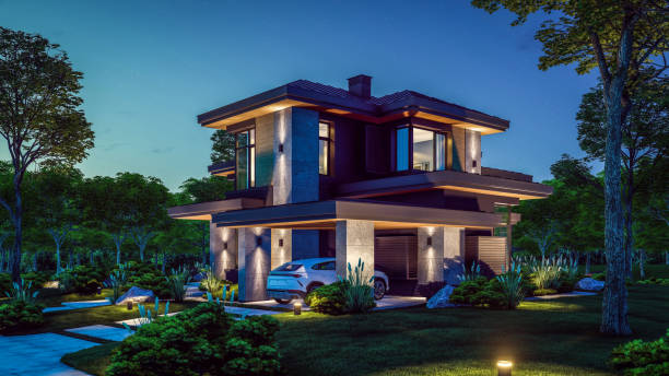 istock 3d rendering of modern house in luxurious style in night 2150714342