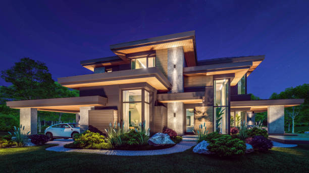 istock 3d rendering of modern house in luxurious style in night 2150714360