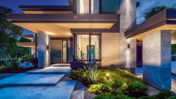 istock 3d rendering of modern house in luxurious style in night 2150714382