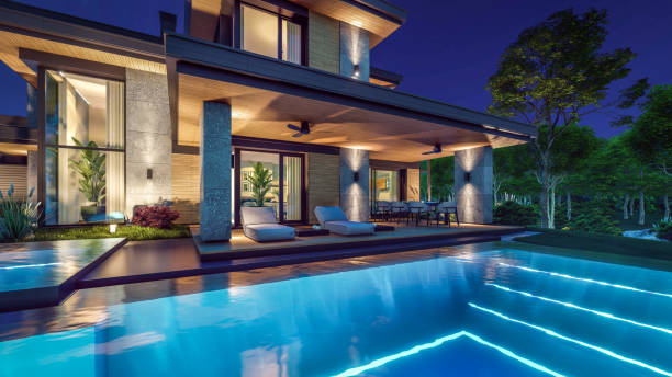 istock 3d rendering of modern house in luxurious style in night 2150714384