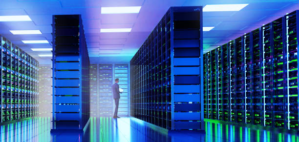 istock Business people monitoring server room working, supercomputers in server room with beautiful neon lighting 3D rendering 2150714798