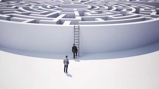 3d Render Businessman Trying to Climb the Circular Maze with a Ladder. Can be used for Business, Finance, Solution, Problem Concepts (Depth of Field)