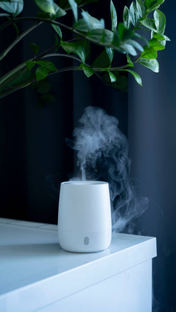 istock Aromatherapy diffuser for the room stands on the table.
White mini air humidifier for home with essential oil on a dark background 2150715306