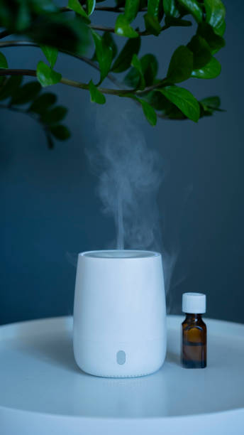 istock Aromatherapy diffuser for the room stands on the table.
White mini air humidifier for home with essential oil on a grey background 2150715330