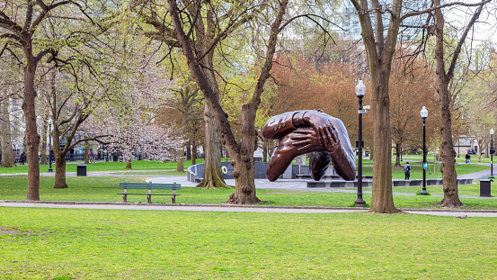 Boston, MA, USA - April 25, 2024: the architecture of Boston at the Boston Public Garden and Boston Commons with the iconic Embrace sculpture commemorating the Civil Rights Movement and Doctor King in Boston, MA, USA.