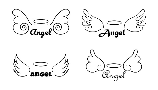 Collection of Wings and Angel lettering with aureole. Doodle hand drawn sketch icons. Wing and halo nimbo sketch tattoo contour. Set of Vector illustration isolated on white background