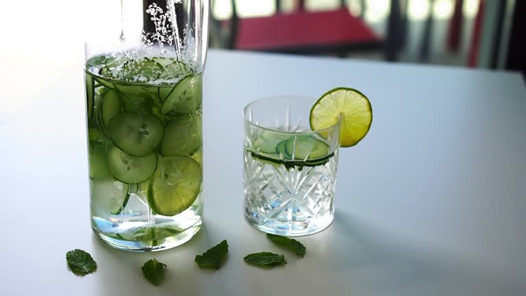 Mixing detox water with cucumber and lime in a cocktail steer