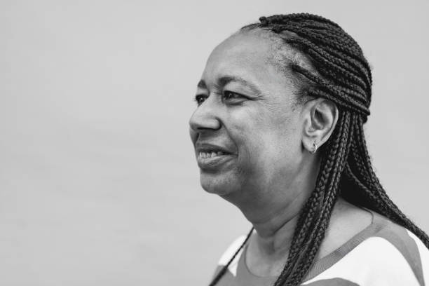 Happy senior african profile view with copy space - Black and white editing