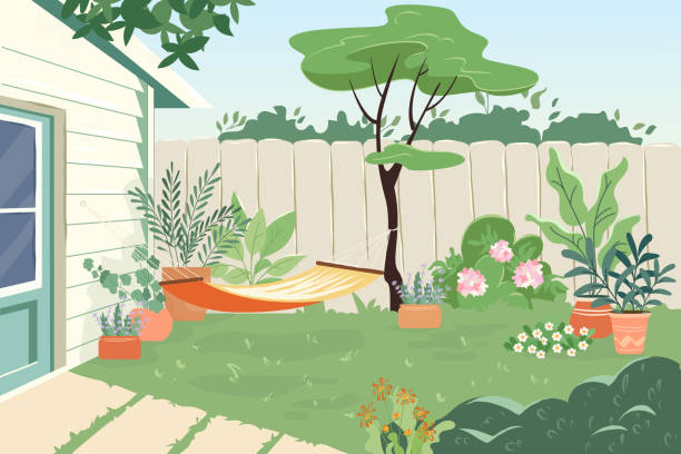 Cozy backyard with hammock and plants in pots House patio with fence, furniture for picnic green grass and tree Summer landscape of yard Vector cartoon illustration Cozy backyard with hammock and plants in pots House patio with fence, furniture for picnic green grass and tree Summer landscape of yard Vector cartoon illustration. lavender-garden stock illustrations