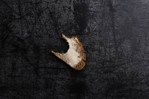 Bitten slice of fresh buttered bread. It's a thin slice of light wheat bread unevenly spread with a layer of butter. The shot is captured in an overhead view with a dark gray background. Bitten Slice Farmhouse Bread Buttered Top-Down Shot. Still life studio Shot.