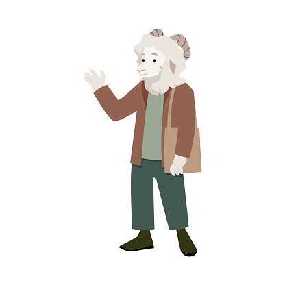 Elderly anthropomorphic poodle character. Vector illustration of a senior poodle with a welcoming gesture, sporting casual attire and a friendly demeanor.