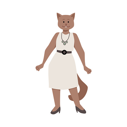 Confident cat in dress. Vector illustration of an anthropomorphic cat character standing upright in a stylish dress and shoes, with a friendly expression.