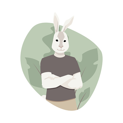 Casual rabbit character design. Vector illustration featuring an anthropomorphic rabbit in relaxed attire, with arms crossed and a serene expression.