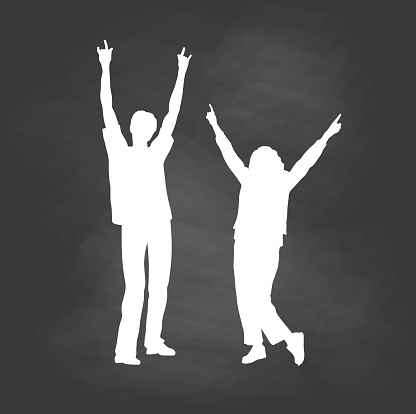 Teenage fans cheering with their hands up in the air in a silhouette illustration