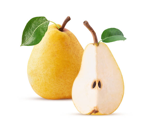 istock Fresh yellow pears one quarter with green leaf 2150730605