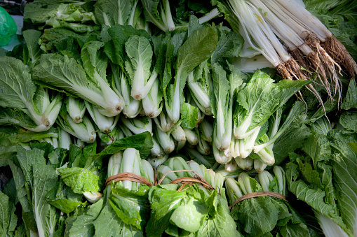 Chinese greens including Bok Choy, a popular Chinese cabbage - at a market stall in China