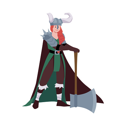 Mighty axe-wielding female warrior. Vector illustration of a fearless Viking woman clad in armor, holding a large battle axe, her stance commanding respect and showcasing her readiness for battle.