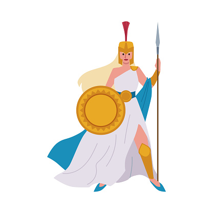 Valiant female warrior in regal armor. Vector illustration of a noble warrior woman with a golden shield and spear, adorned with a helmet and cape, exuding bravery and nobility.