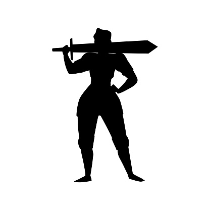 Female warrior silhouette. Vector illustration of a strong and confident woman posed with a sword over her shoulder, showcasing power and readiness for battle.
