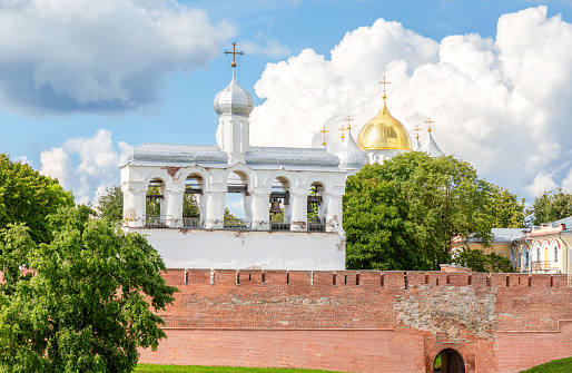 Novgorod Kremlin with St. Sophia Cathedral and bell tower in summer sunny day