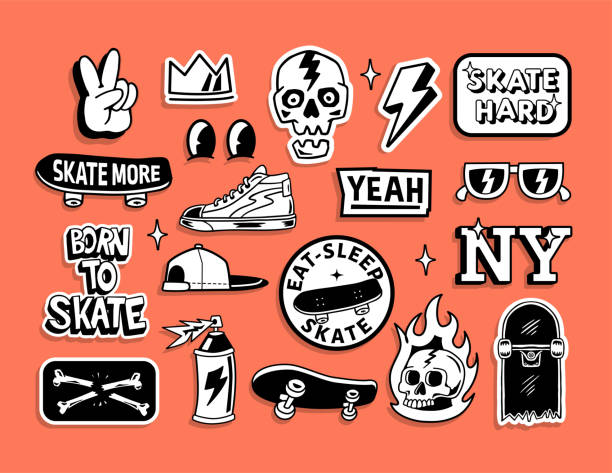 Set of vector skateboard badges, including lightning, peace hand sign, hat, shoes, skull, hat, helmet and skateboard.