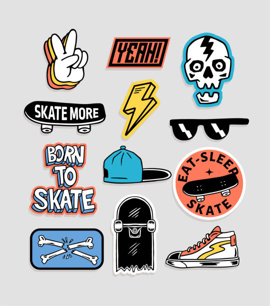 Set of vector skateboard badges, including lightning, peace hand sign, hat, shoes, skull, hat, helmet and skateboard.