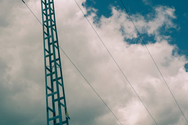 Electric Line Looking Up Blue Sky Cloudy Day with Text Copy Space Idea