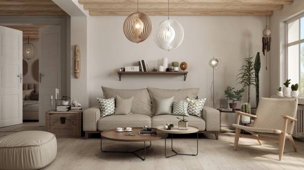 istock Living room interior designed in an eclectic way combining Scandinavian, Japandi and boho styles. 2150737461