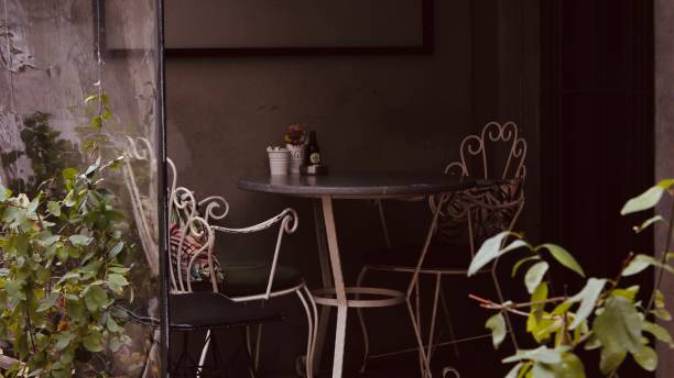 istock Table with white chairs on the veranda of the cafe 2150738001