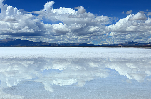 The view of Salinas Grandes - the Salt Flat with reflections 3450 meters above sea level in Jujuy province (Argentina).