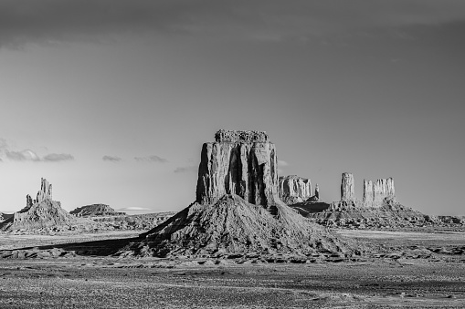 Merrick Butte in Monument Valley's Navajo Tribal Park shows the effect erosion has had on the soft sandstone peaks over thousands of years. Many famous old western movies were filmed here.