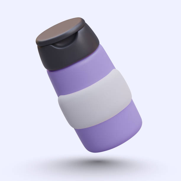 istock 3D plastic purple bottle in tilted position. Color packaging for liquid care cosmetics 2150741002