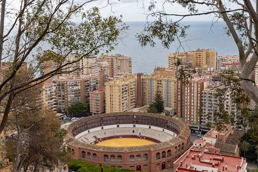 Malaga, Spain - Apr 23th 2024: Malaga, like many other Spanish cities, has its bull fighting arena. Currently bullfights are prohibited and arenas are used for different activities.