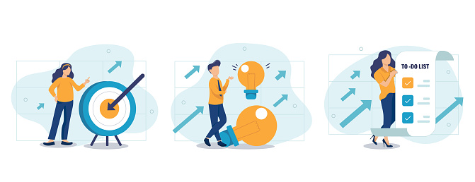 Soft skills concept. Business people or employee with self management and scheduling skill. Time management, self-regulation learning, self-discipline and motivation. Flat vector illustration