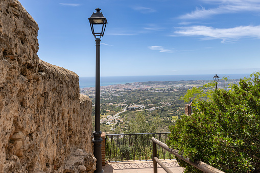 Mijas, Spain - Apr 26th 2024: The village of Mijas in Costa del Sol is built up on a hill and it has a fantastic view down towards Mediterrian Sea.