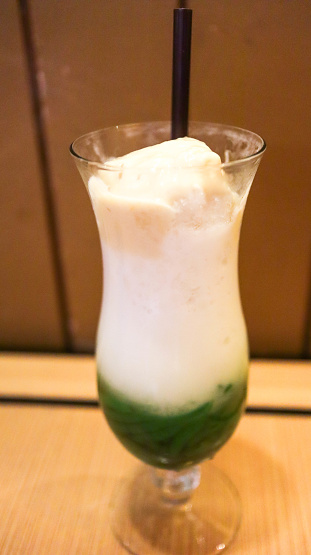 Tropical Delight Cendol in Glass with Creamy Coconut Milk and Green Jelly