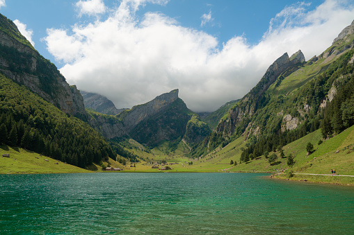 Scenic view of Seealpsee lake in Swiss Alps in summer