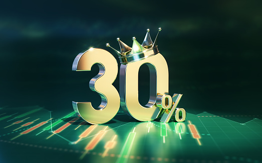3d render 30 Percent Sign & Gold Crown sitting on Finance chart (Depth Of Field)