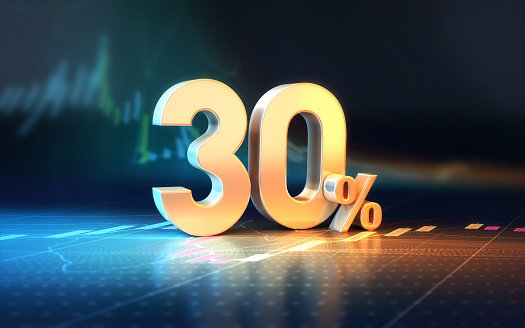 3d render 30 Percent Sign sitting on Finance chart (Depth Of Field)