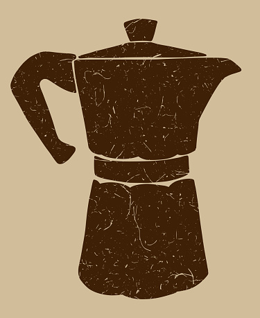 Italian coffee maker or moka pot, espresso machine, mocha express. Hand drawn vector silhouette illustration in vintage textured style, isolated over beige.