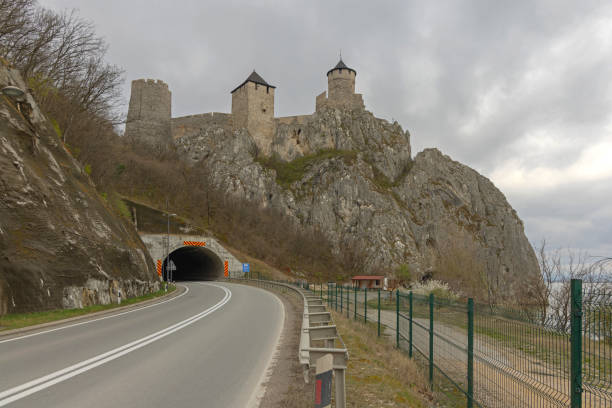 Spitz, Austria: Panorama of ruined Hinterhaus Castle and autumn vineyards near Spitz, Wachau valley.