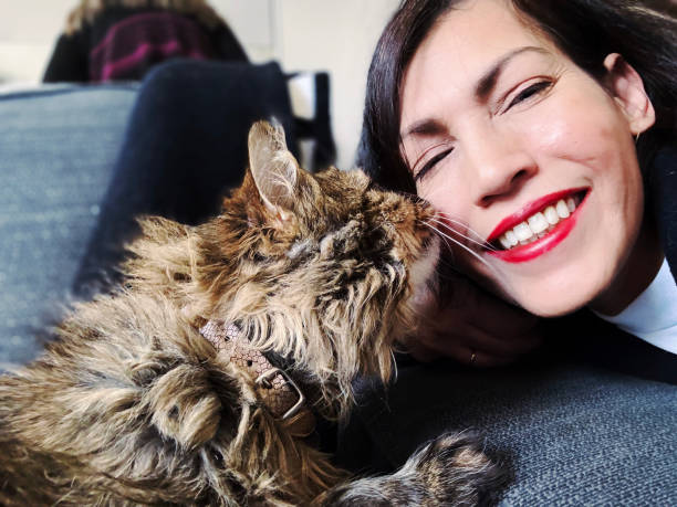 Woman relaxing with a cat in the living room