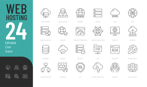 Web Hosting Line Editable Icons set. Vector illustration in modern thin line style of technology related icons: server, data, internet, domain, and more. Pictograms and infographics for mobile apps. network server stock illustrations
