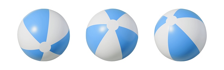 Set of beach ball on isolated background. Blue color. Inflatable ball for beach and water games. 3d rendering.