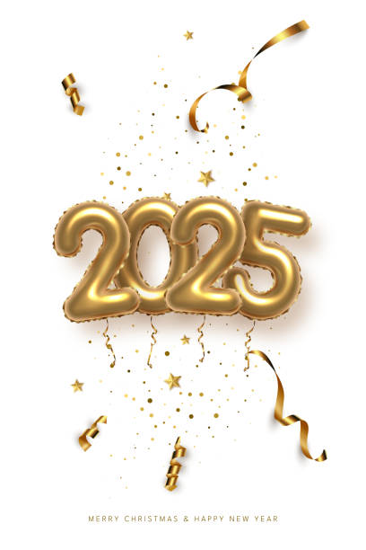 istock 2025 balloon numbers on New Year greeting card vector template. Festive Christmas social media banner design with congratulations. Golden numbers with confetti illustration on black background 2150755421