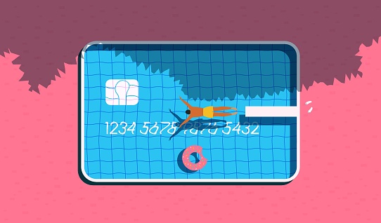 Man diving into a pool in the shape of credit card. Fintech, investment, travel concept. Vector illustration.